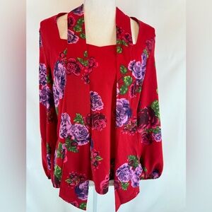 NY & C New York & Company Long Sleeve Tie Blouse Red Floral Top Size Medium